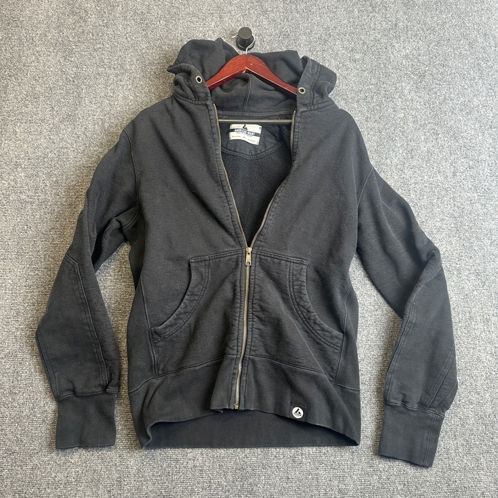 American Giant Full Zip Hoodie Mens Medium Black Cotton Fleece Reinforced Patch